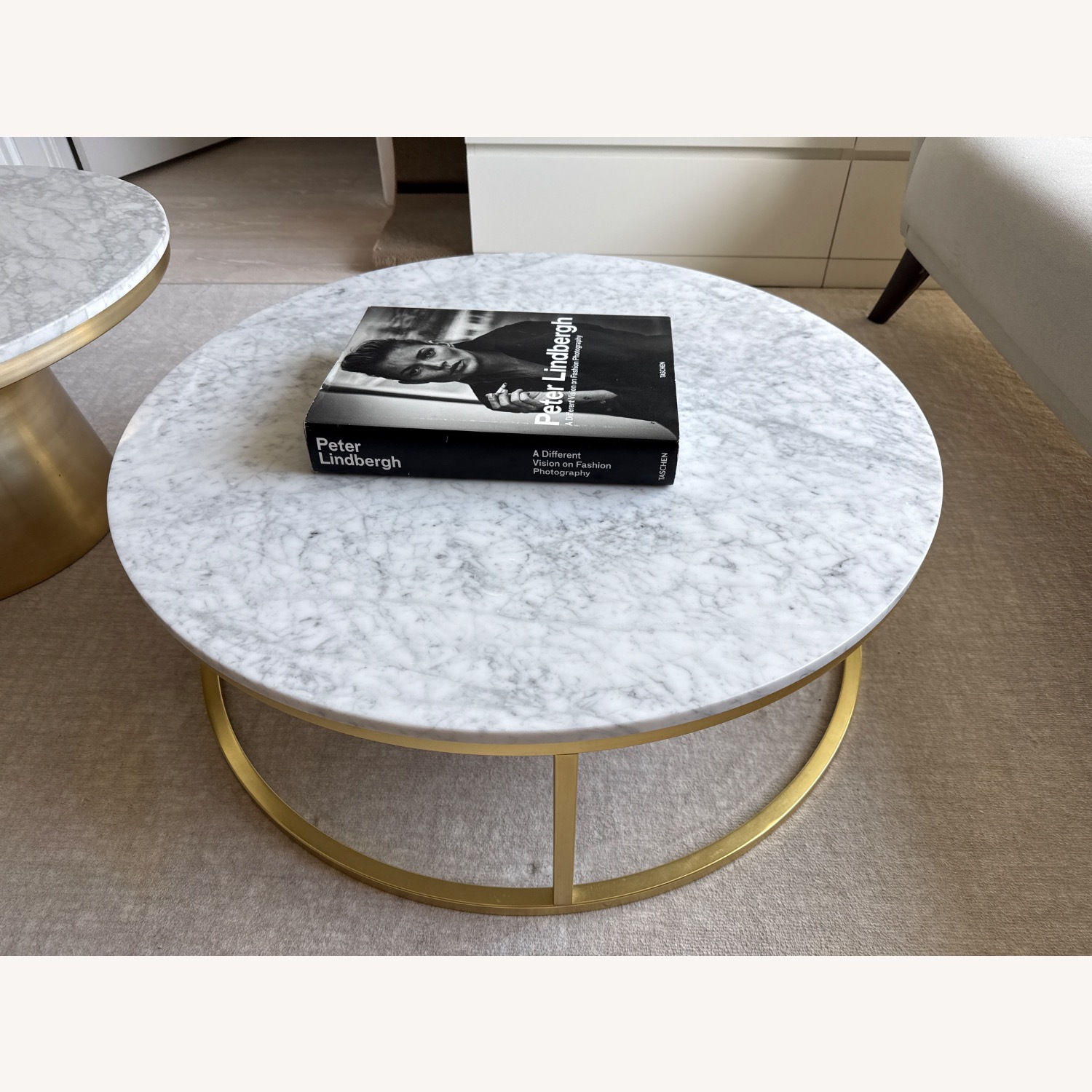 CB2 Smart 33" Round Marble Brass Coffee Table - image-5