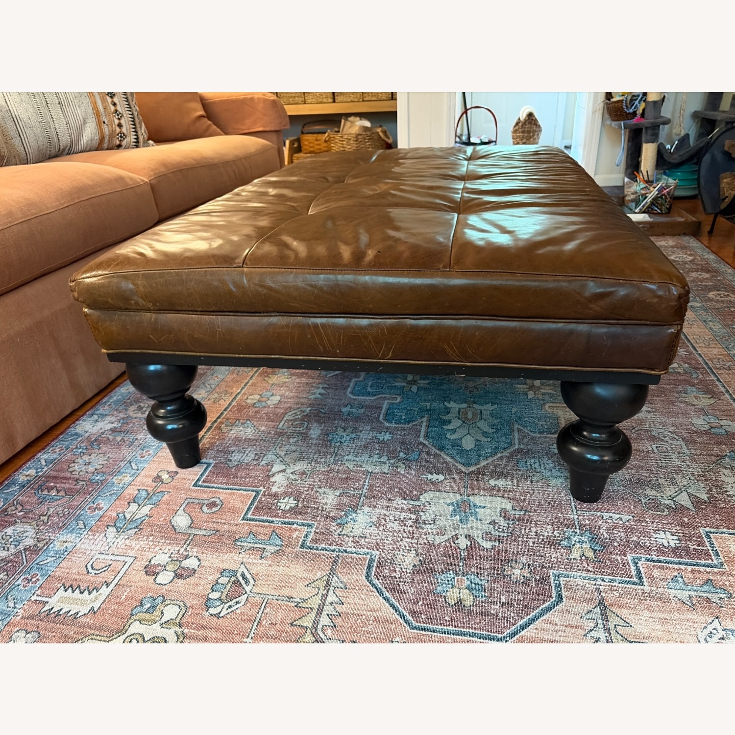 Dark Brown Leather Ottoman - image-3