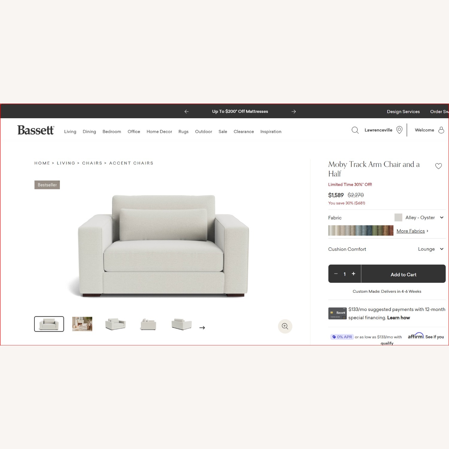 Bassett Moby Light Gray Fabric Chair and a Half - image-1