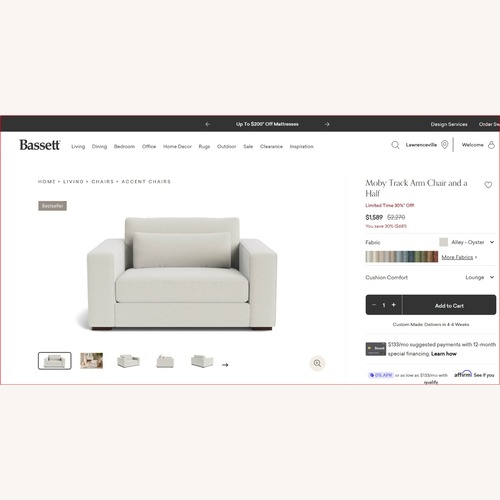 Used Bassett Moby Light Gray Fabric Chair and a Half for sale on AptDeco