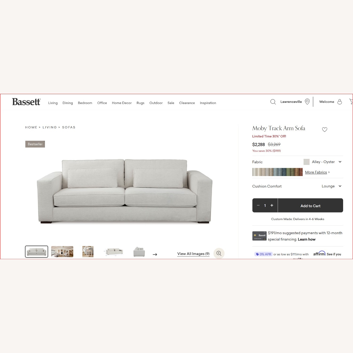 Bassett Moby Track Arm Sofa - image-1
