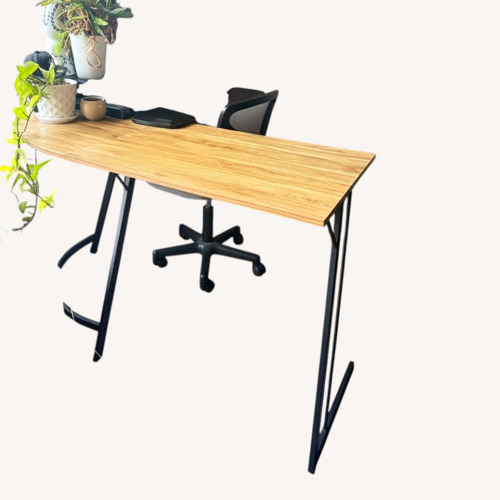 Used Light Brown Wood L Desk with Rounded Edge for sale on AptDeco