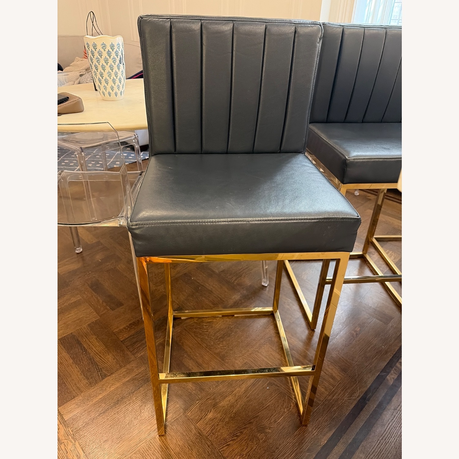 Navy Leather Stools with Brass Finishings - image-3