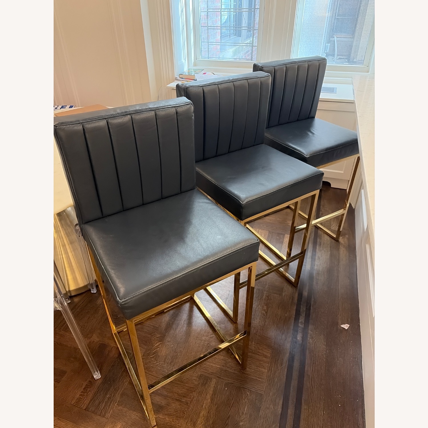 Navy Leather Stools with Brass Finishings - image-1
