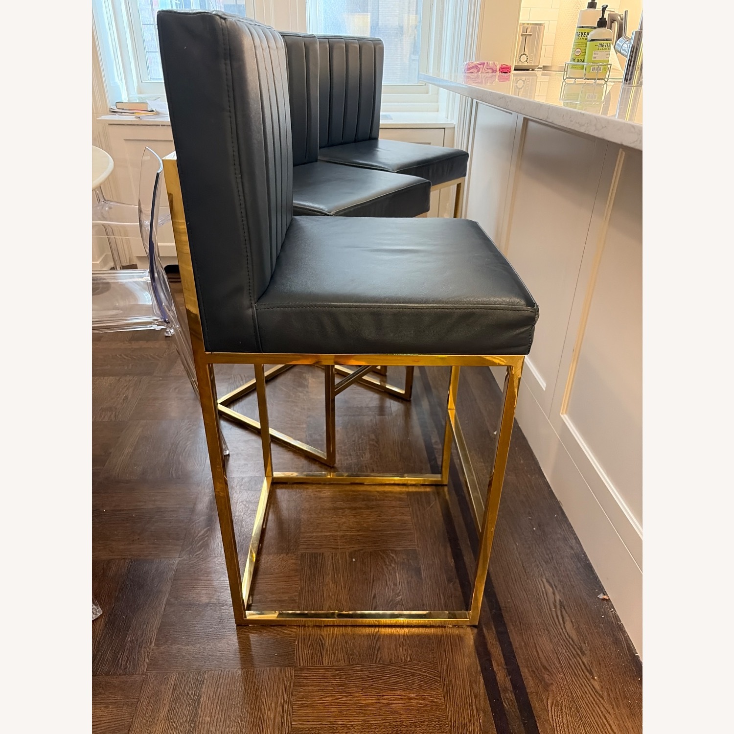 Navy Leather Stools with Brass Finishings - image-2