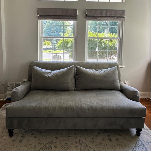 Used Pottery Barn Gray Microsuede 80” Sofa for sale on AptDeco