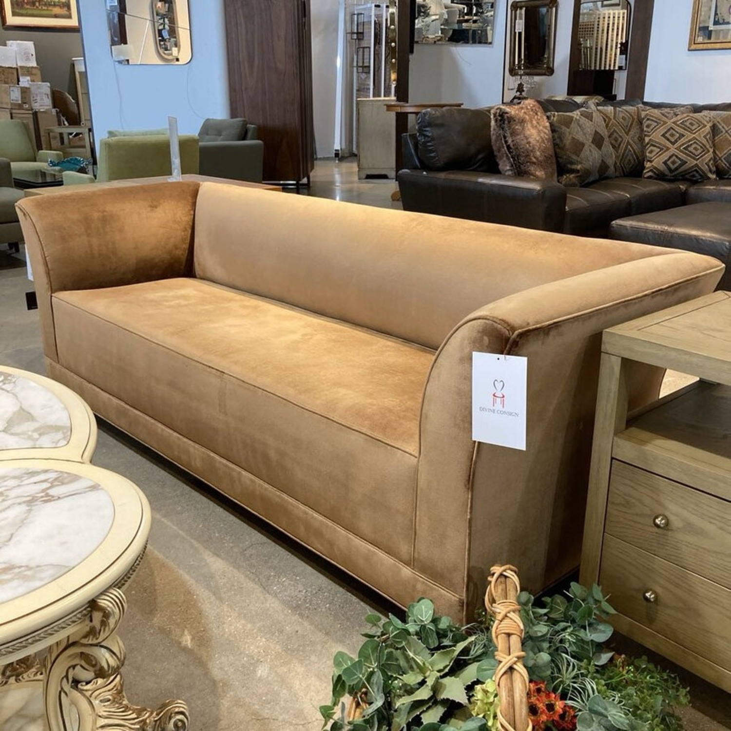 Todd Hase Sleek Regency Style Velvet Sofa Gold - image-10