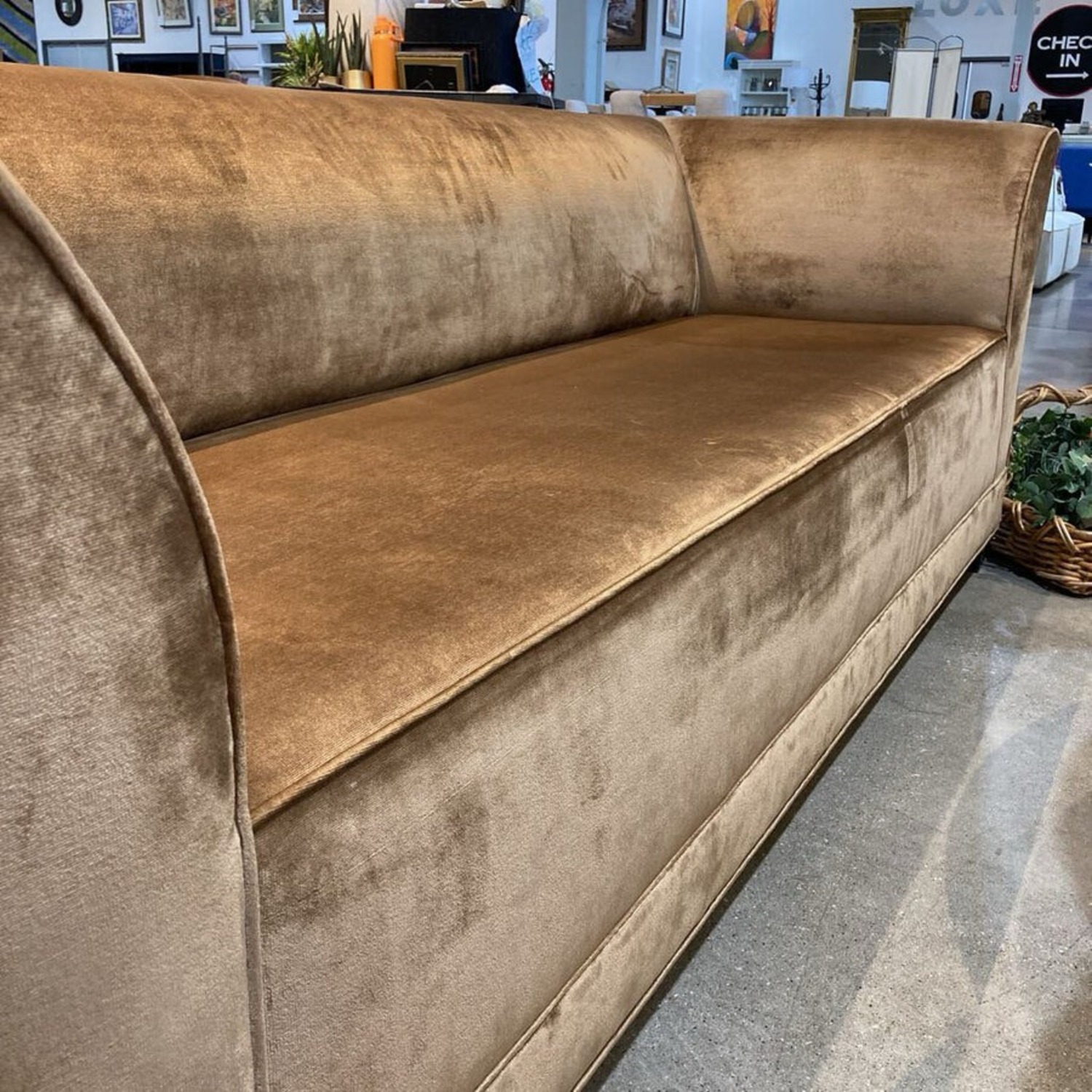 Todd Hase Sleek Regency Style Velvet Sofa Gold - image-9