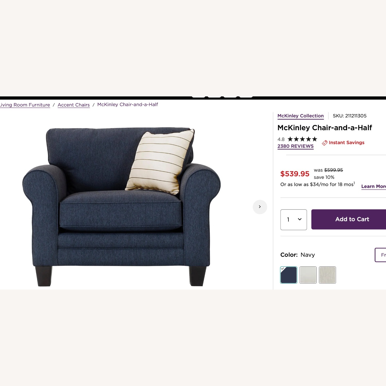Raymour & Flanigan McKinley Blue Fabric Chair and a Half - image-3
