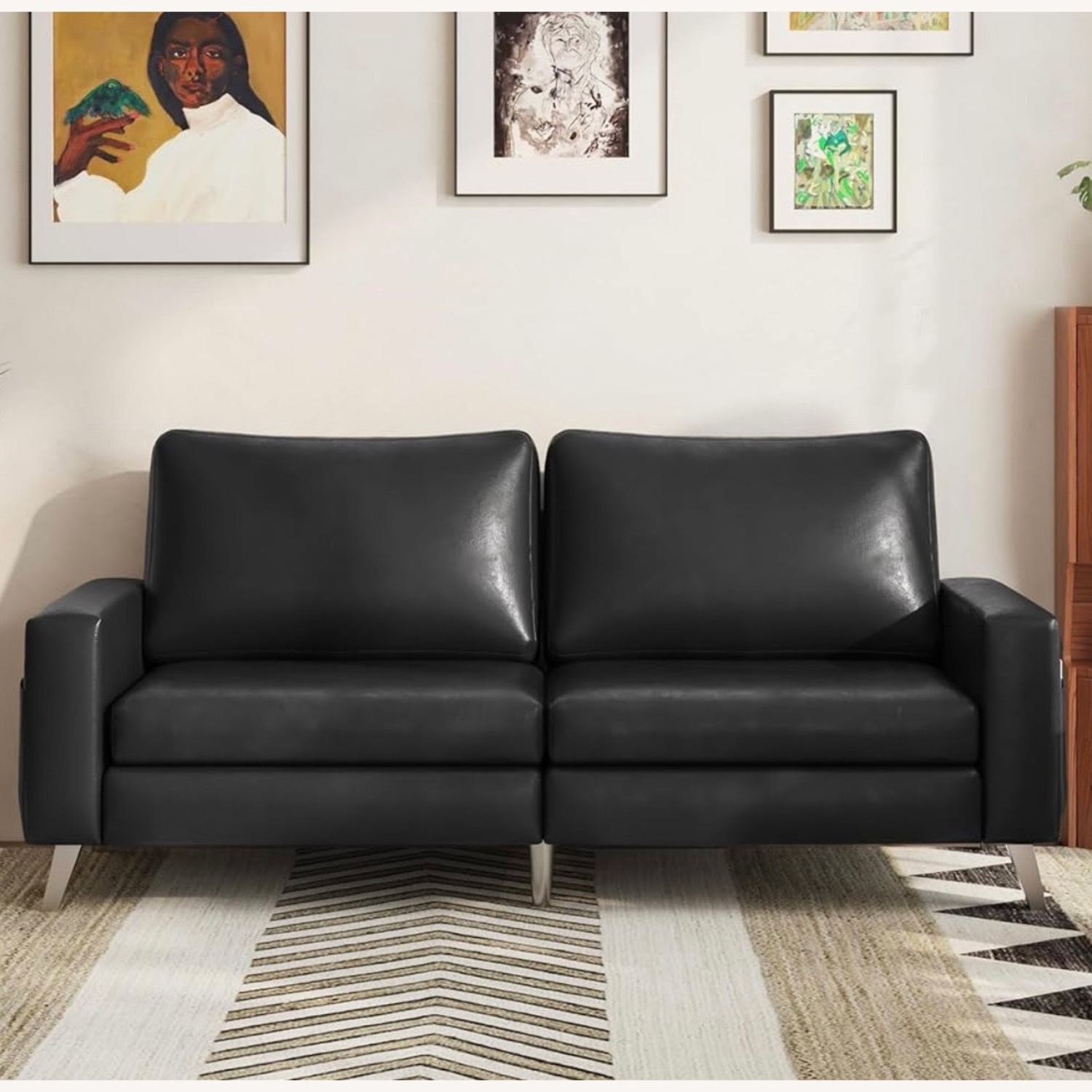 Black Faux Leather 2 Seater Sofa - image-1