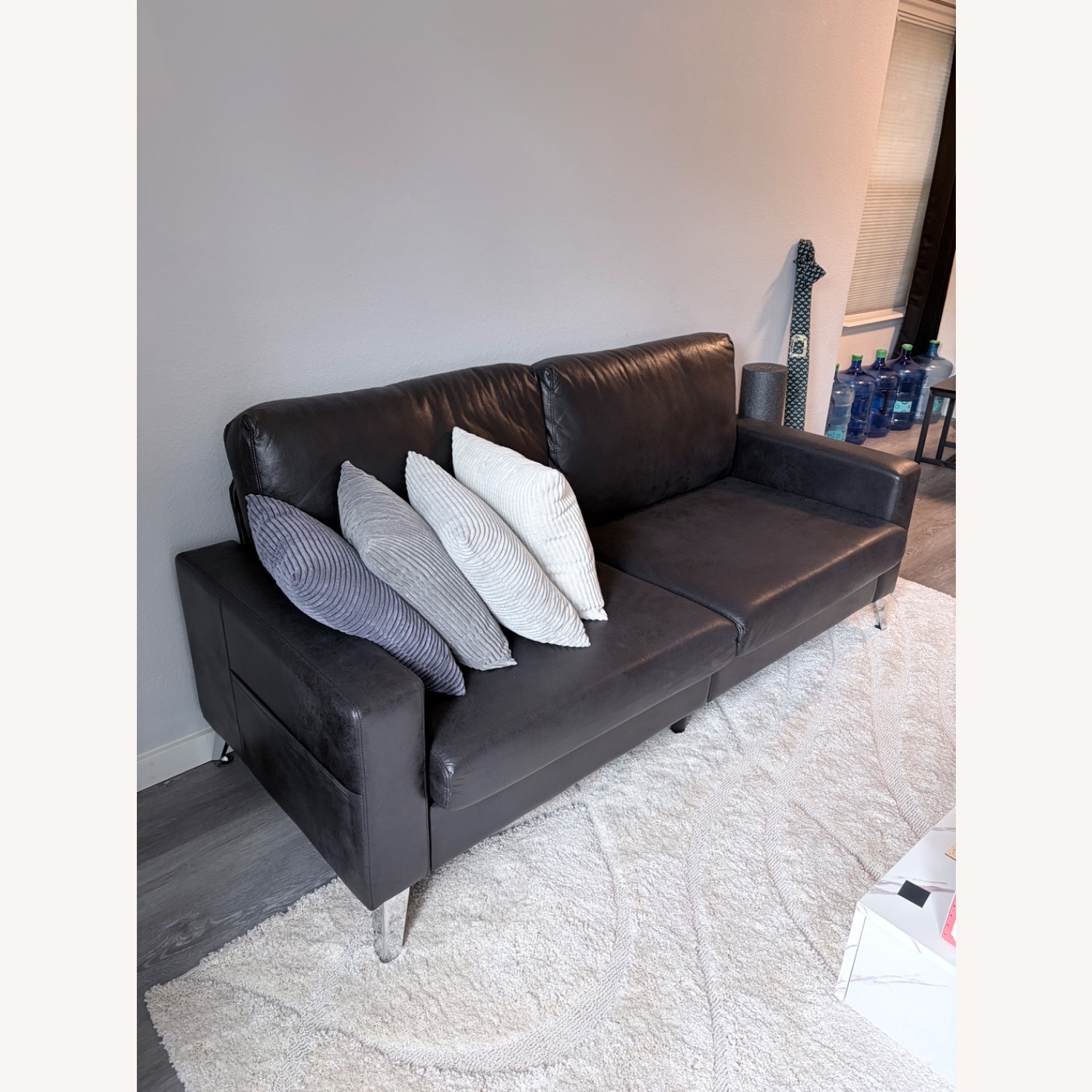 Black Faux Leather 2 Seater Sofa - image-2
