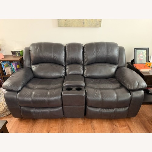 Used Bob's Discount Furniture Avenger Black 78'' Power Reclining Console Loveseat  for sale on AptDeco