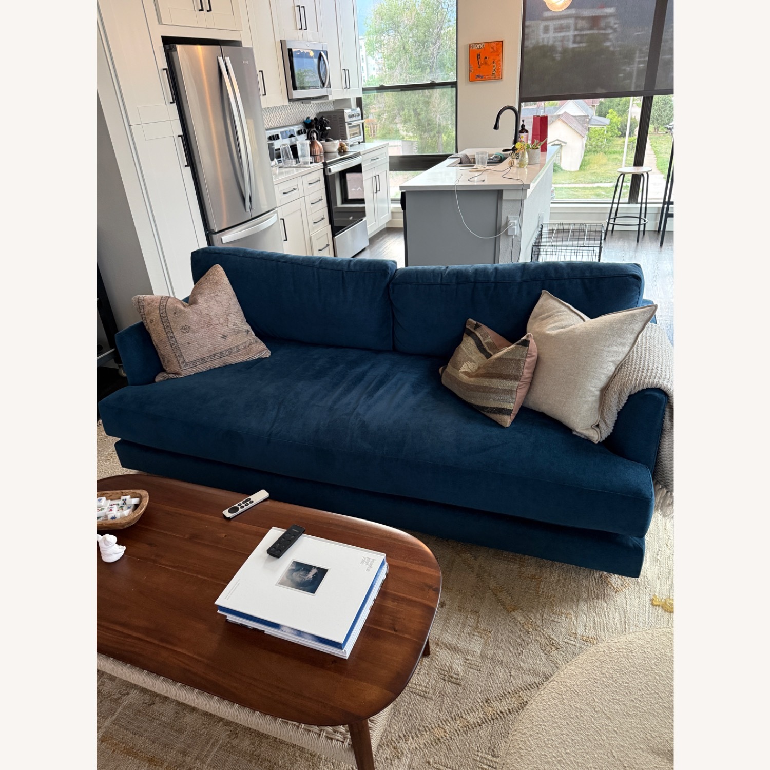 West Elm Haven 82" Blue Velvet 2 Seater Sofa - image-1