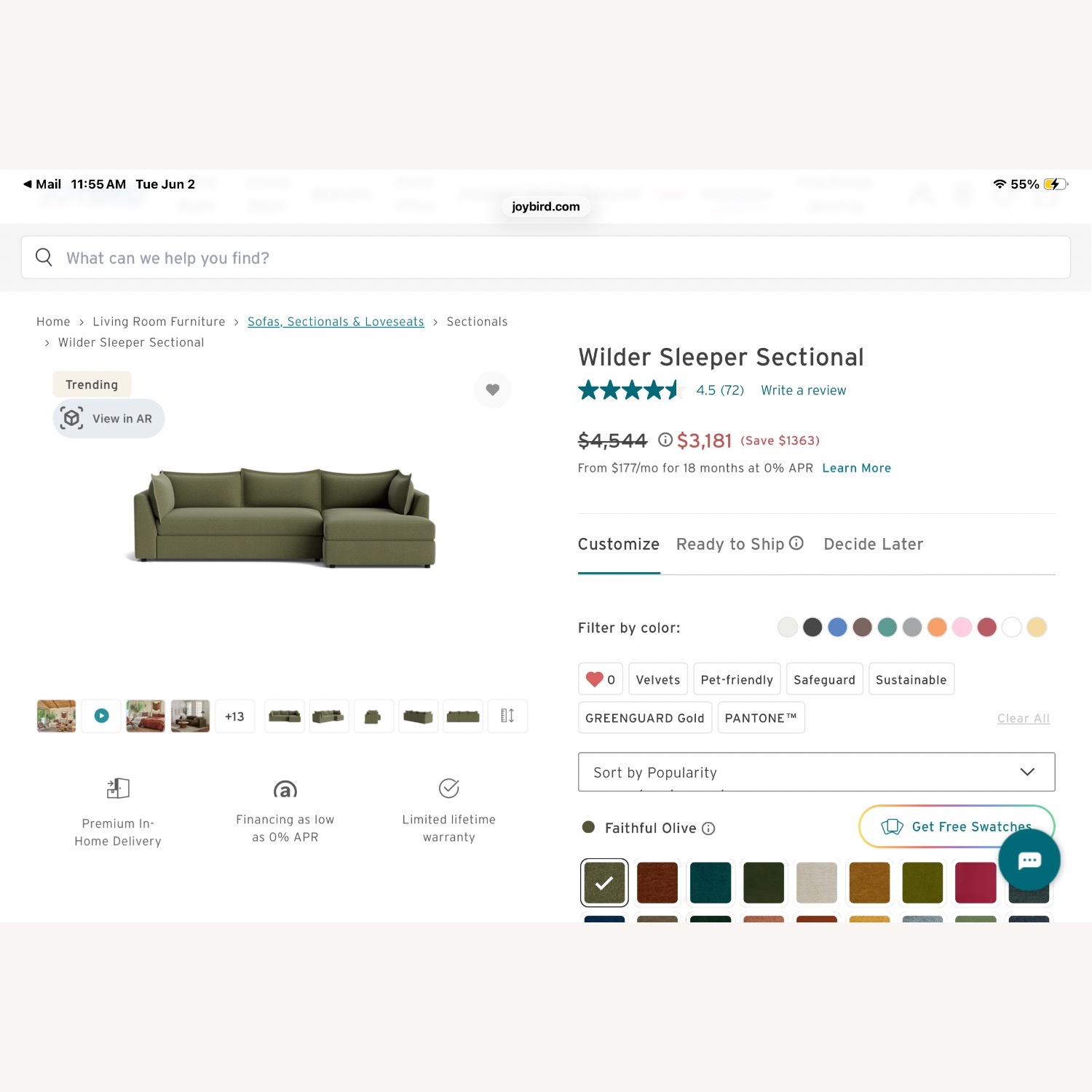 Joybird Wilder Green Fabric Sleeper Sofa - image-3