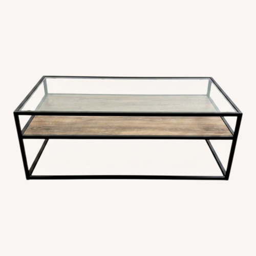 Used Modern Industrial Glass & Wood Coffee Table for sale on AptDeco