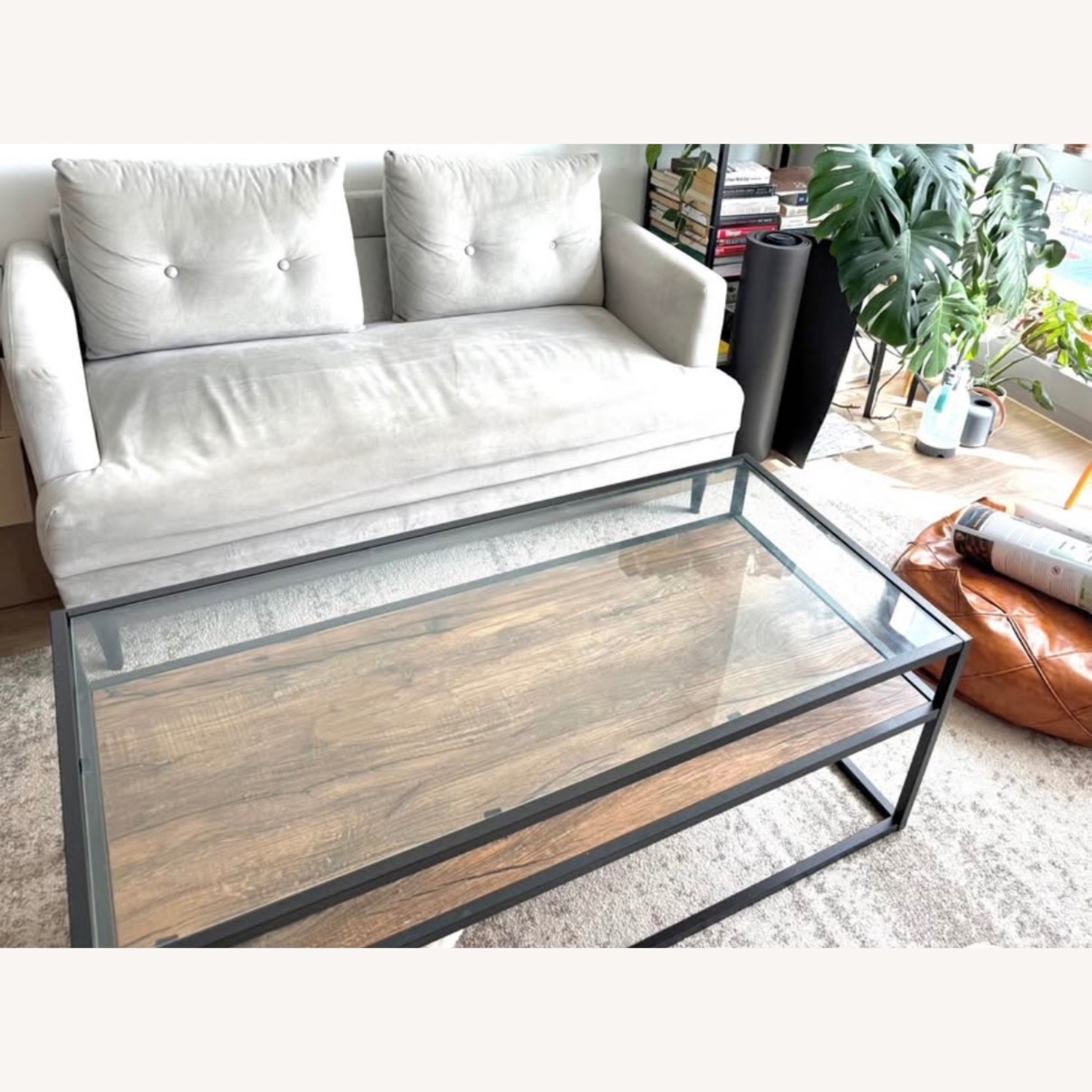 Modern Industrial Glass & Wood Coffee Table - image-3