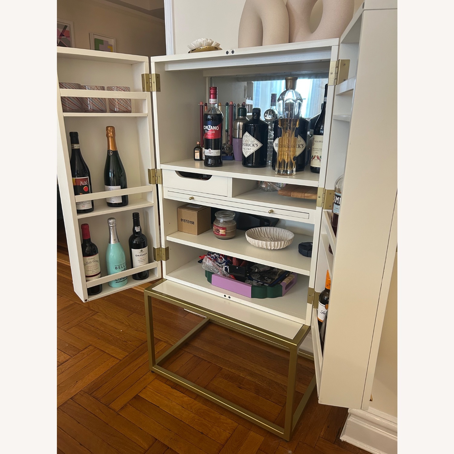 Vintage White and Gold Bar Cabinet - image-6