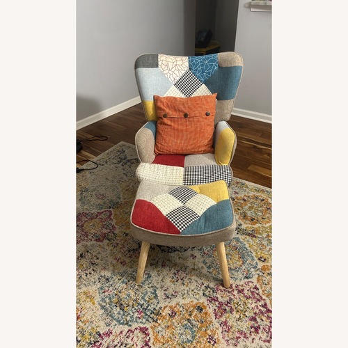 Used Accent Chair Ottoman of Linen Patchwork for sale on AptDeco