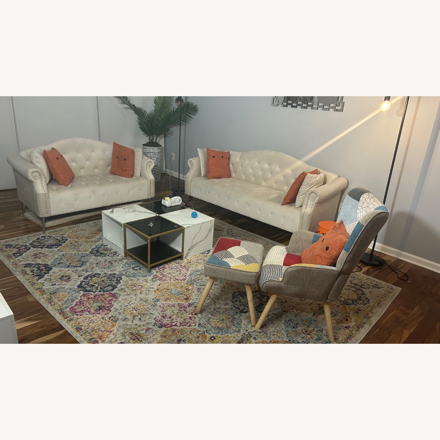 Accent Chair Ottoman of Linen Patchwork - image-2