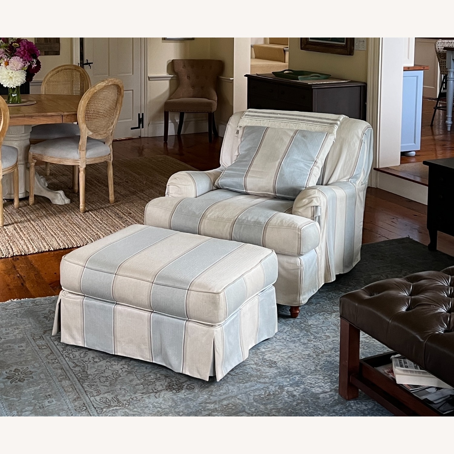 Large Striped Armchair & Ottoman - image-1
