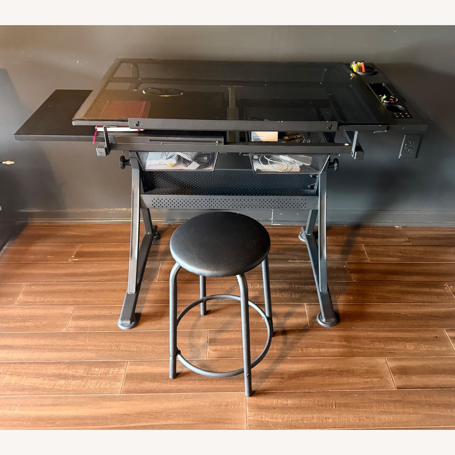 Black Desk Art Table with Stool - image-1