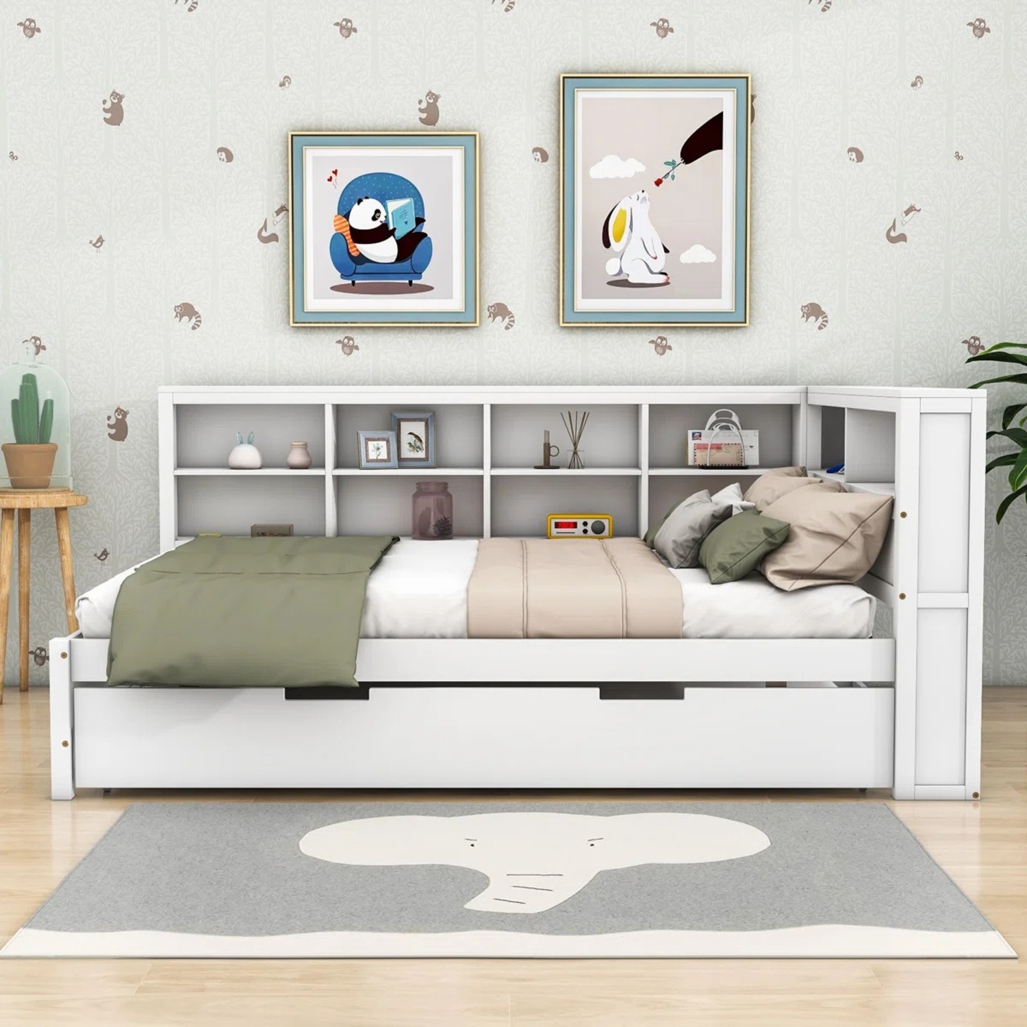 White Wood Full Bed with Trundle - image-4