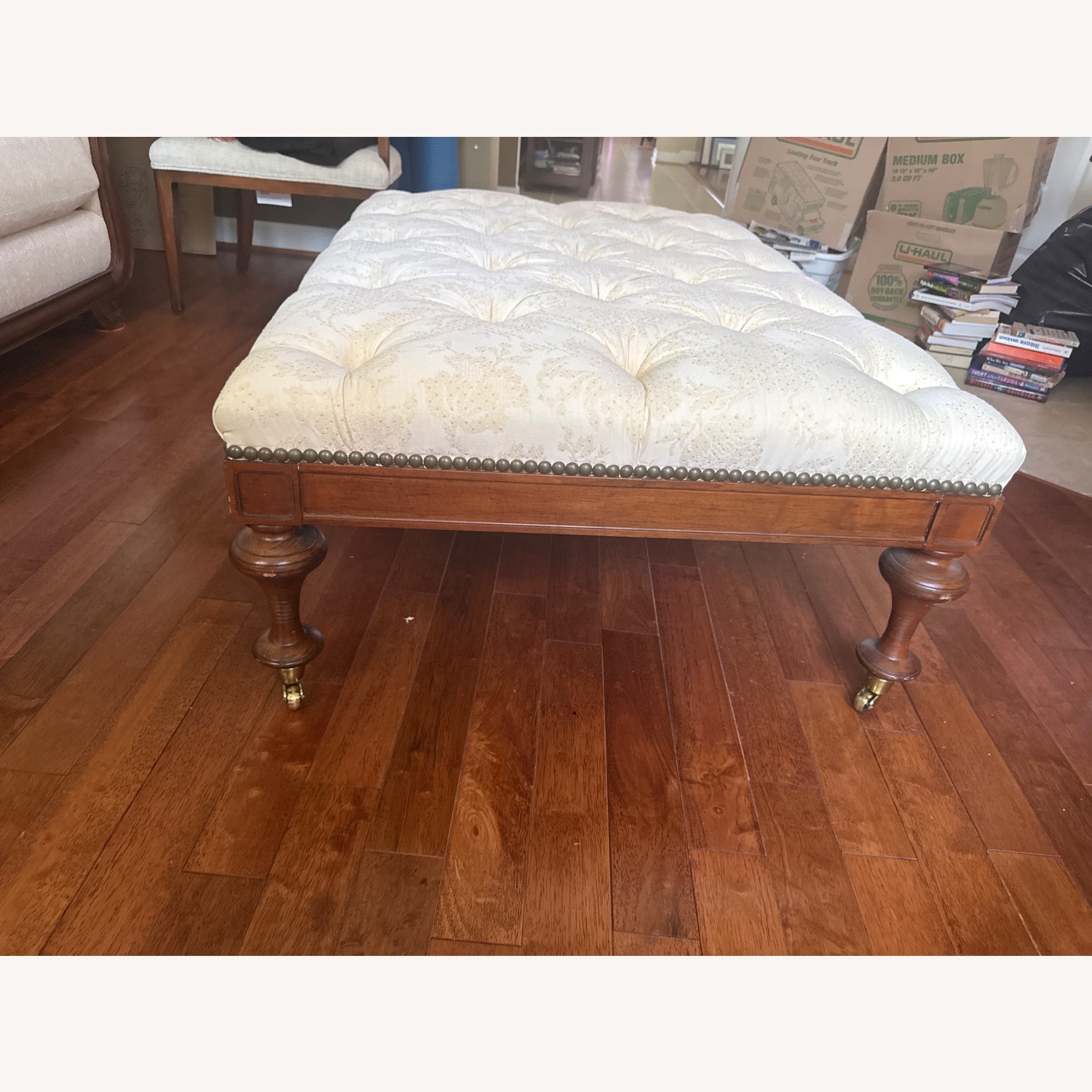 Natural Fabric Tufted Ottoman With Wood Base - image-1
