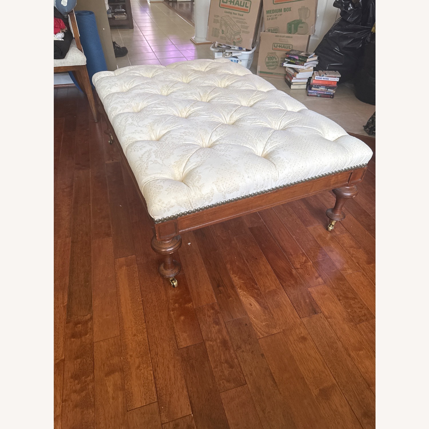 Natural Fabric Tufted Ottoman With Wood Base - image-4