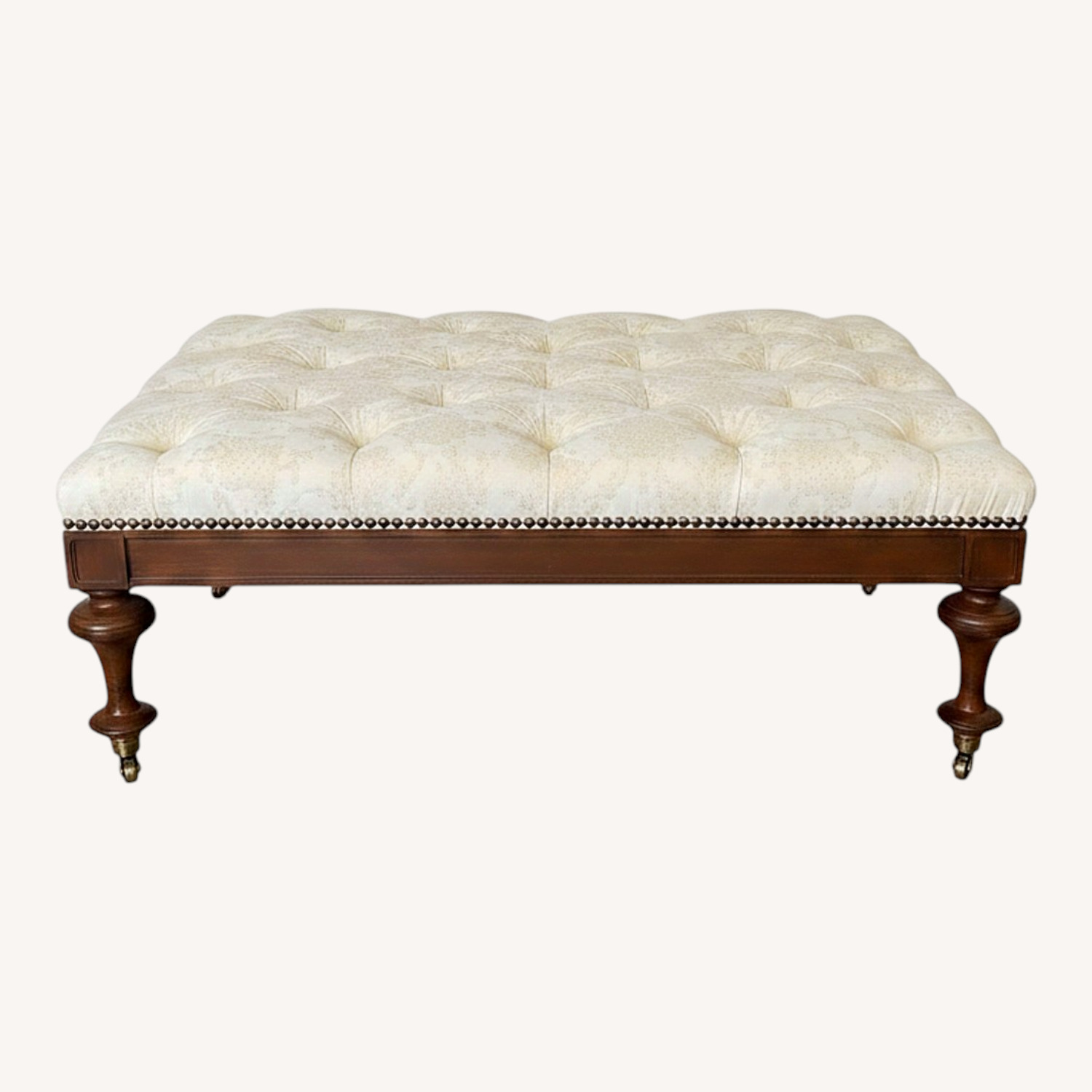 Natural Fabric Tufted Ottoman With Wood Base - image-0