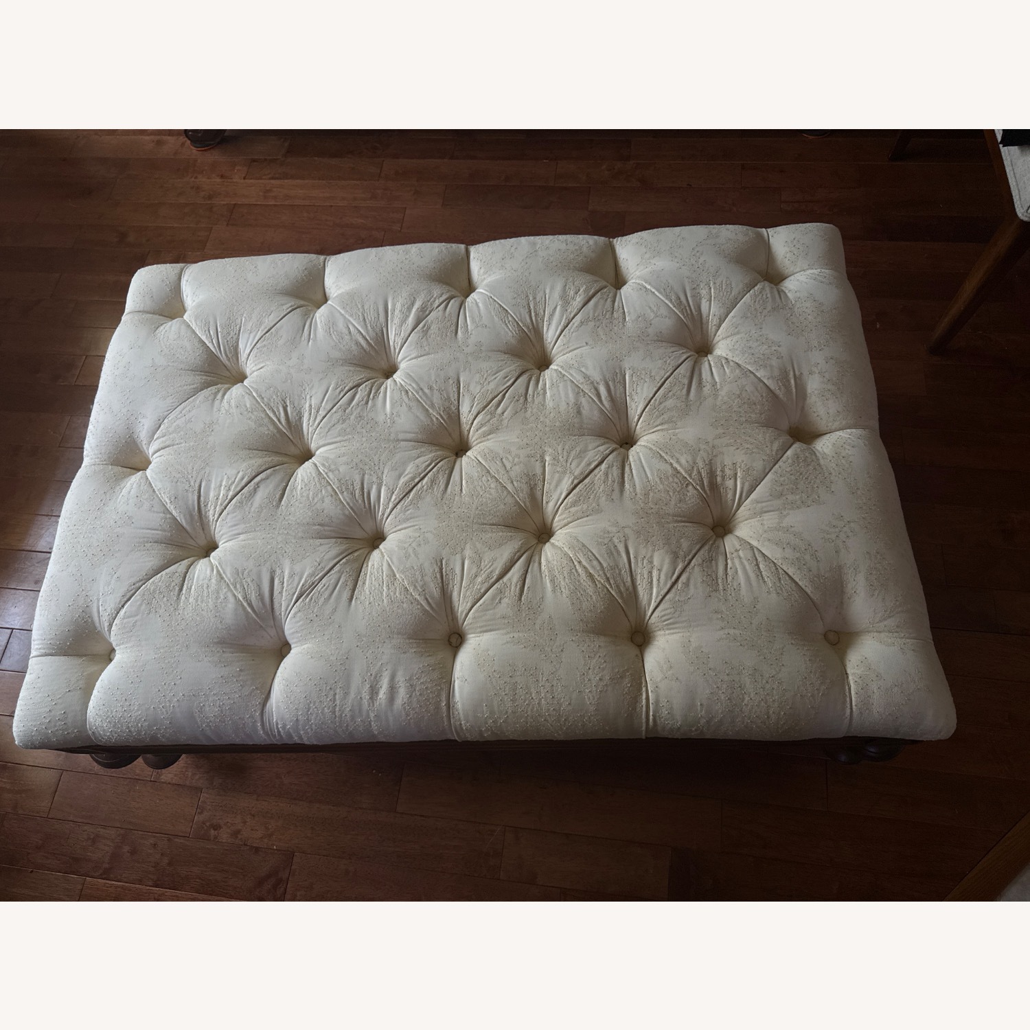 Natural Fabric Tufted Ottoman With Wood Base - image-3