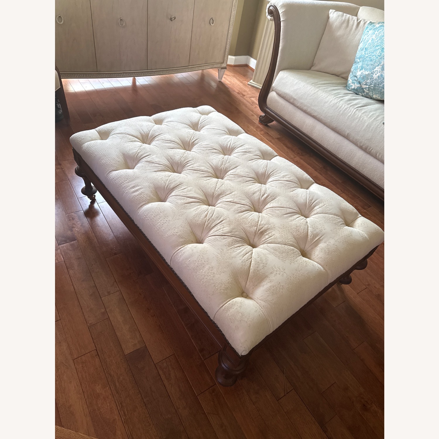 Natural Fabric Tufted Ottoman With Wood Base - image-2