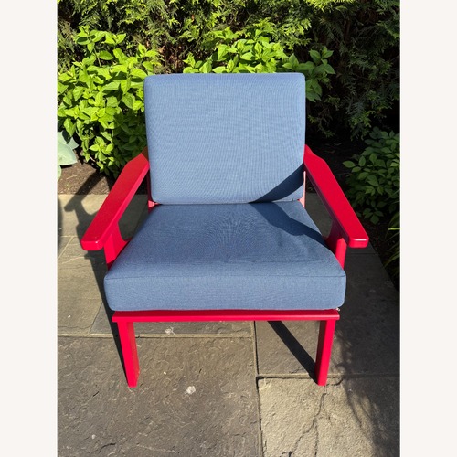 Used Room & Board Red Breeze Chair with Blue Cushions for sale on AptDeco