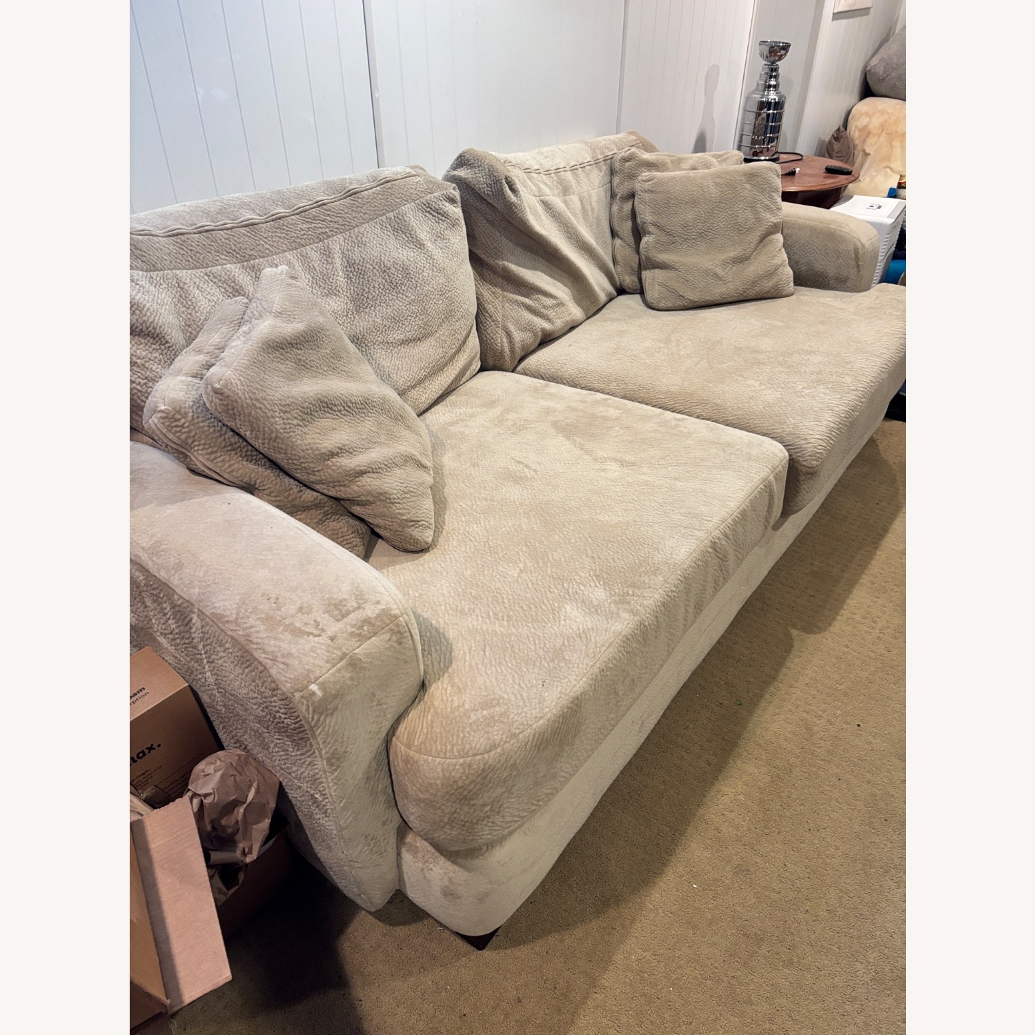 Large Beige Microfiber Sofa w Matching Ottoman - image-2
