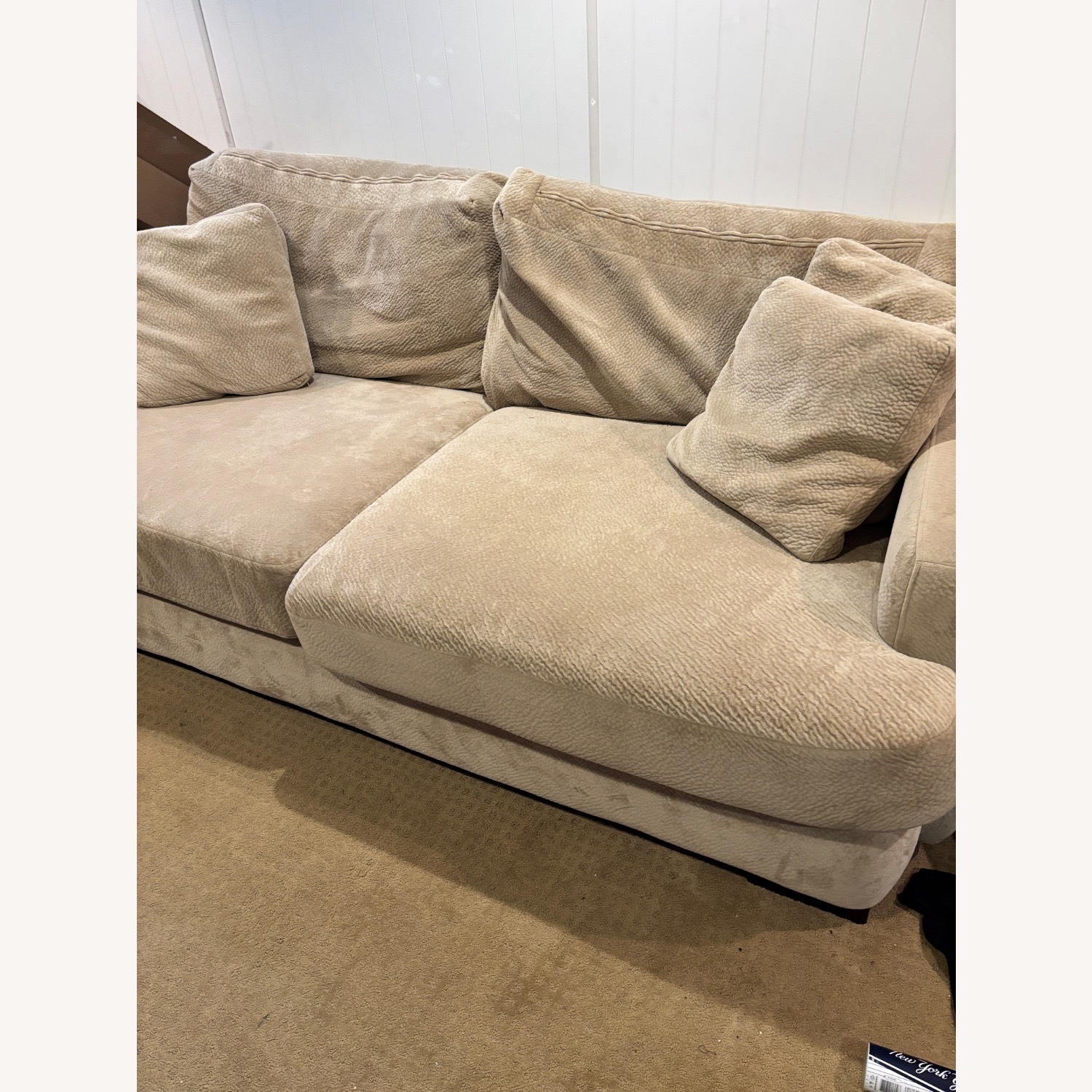 Large Beige Microfiber Sofa w Matching Ottoman - image-5