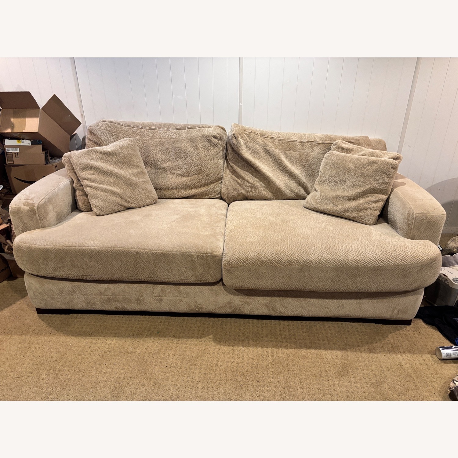 Large Beige Microfiber Sofa w Matching Ottoman - image-3