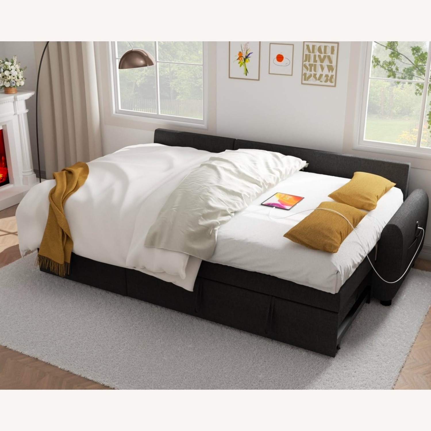 Black Linen Sleeper Sofa - image-9
