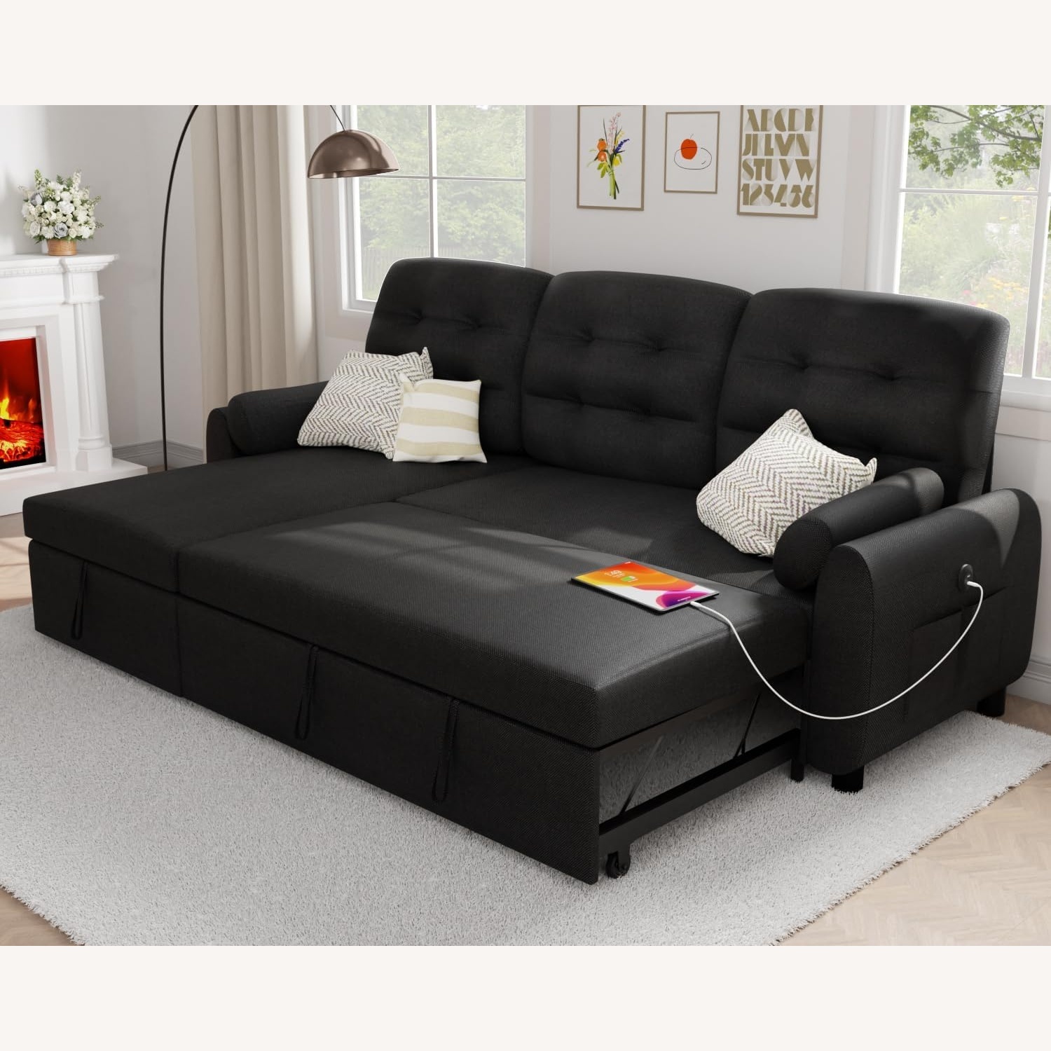 Black Linen Sleeper Sofa - image-10