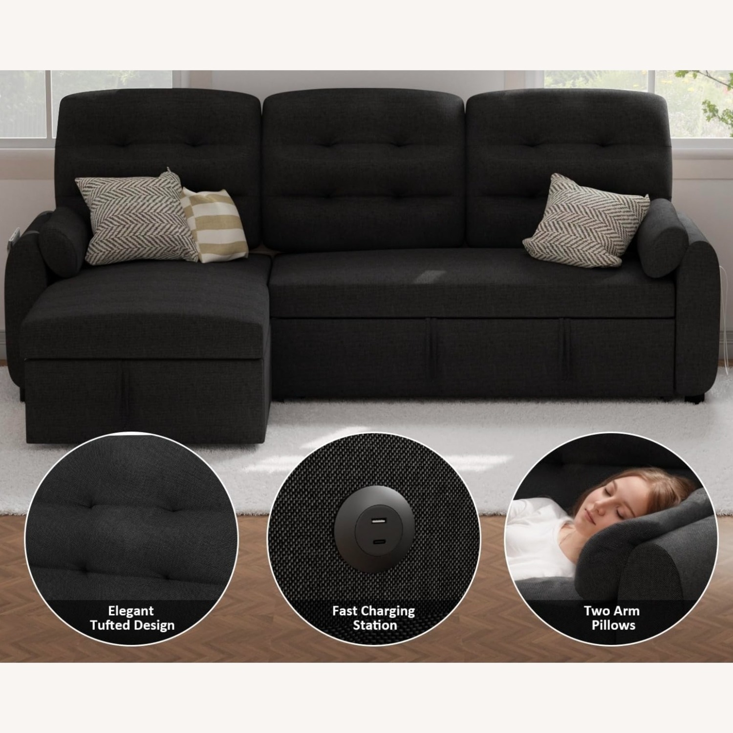 Black Linen Sleeper Sofa - image-7