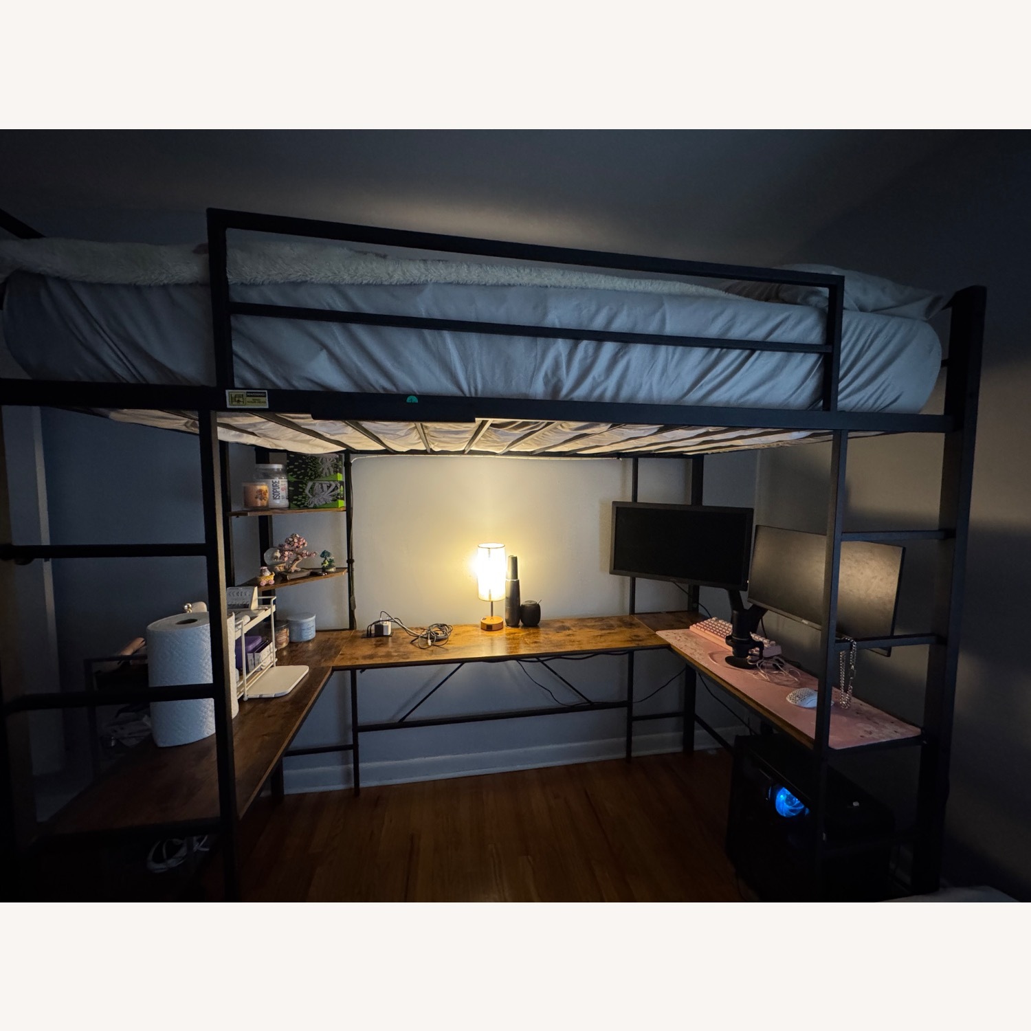 Black Metal Loft Bed with u Shaped Desk Under  - image-1