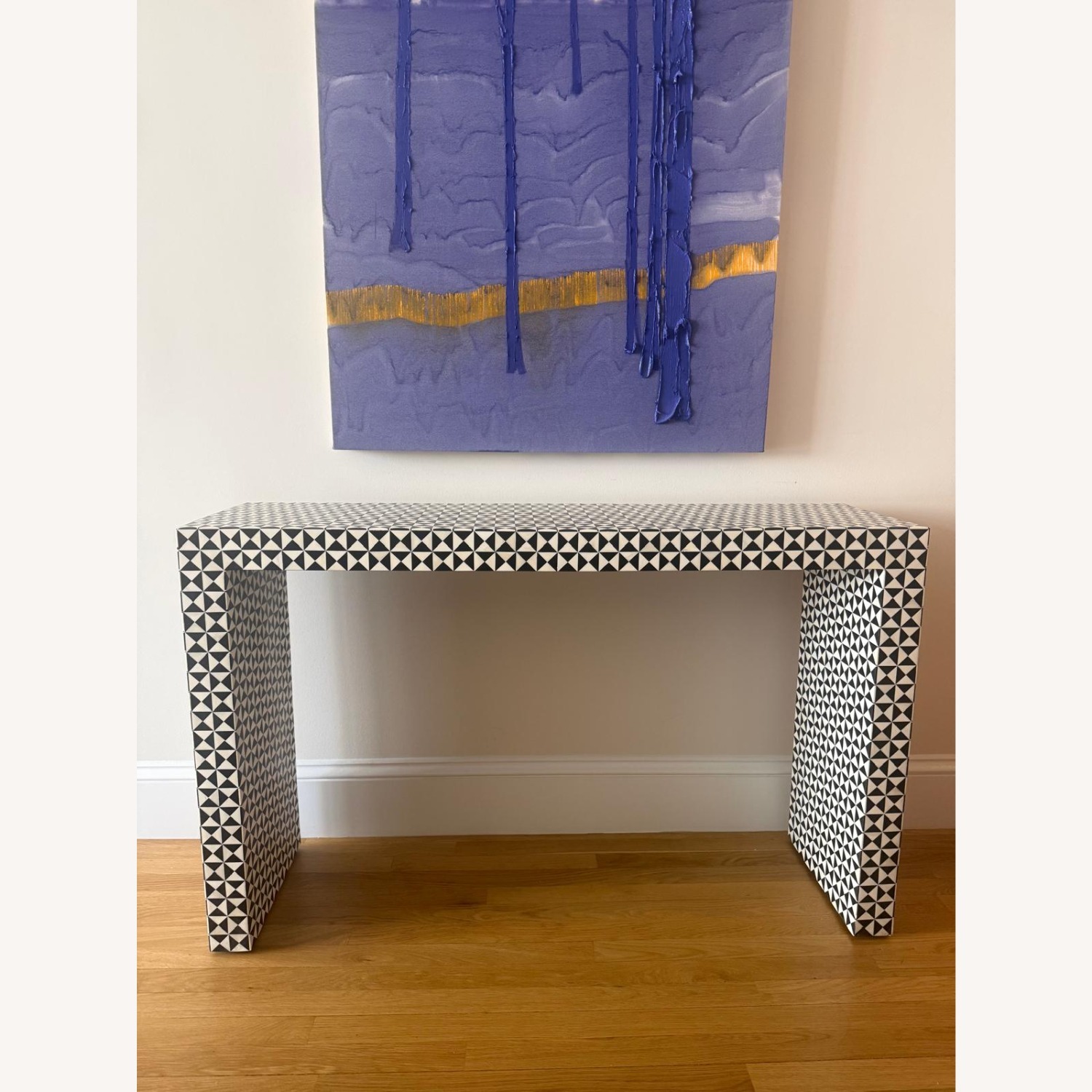 Crate & Barrel Intarsia Rectangular Mosaic Teak Wood 50" Console Table - image-1