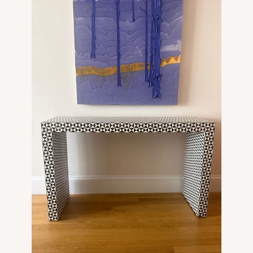 Used Crate & Barrel Intarsia Rectangular Mosaic Teak Wood 50" Console Table for sale on AptDeco
