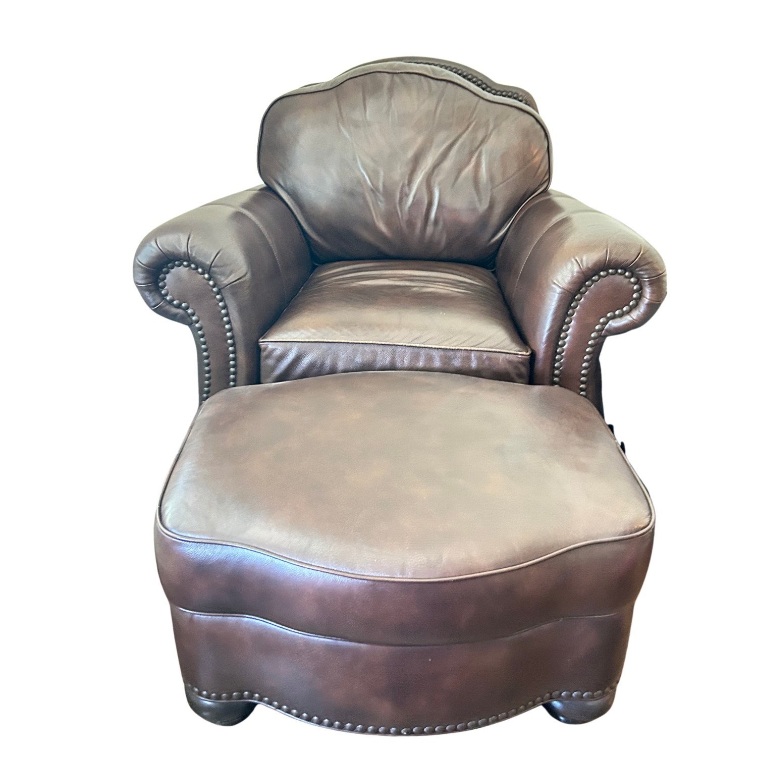 Ethan Allen Dark Brown Leather Armchair & Ottoman - image-1