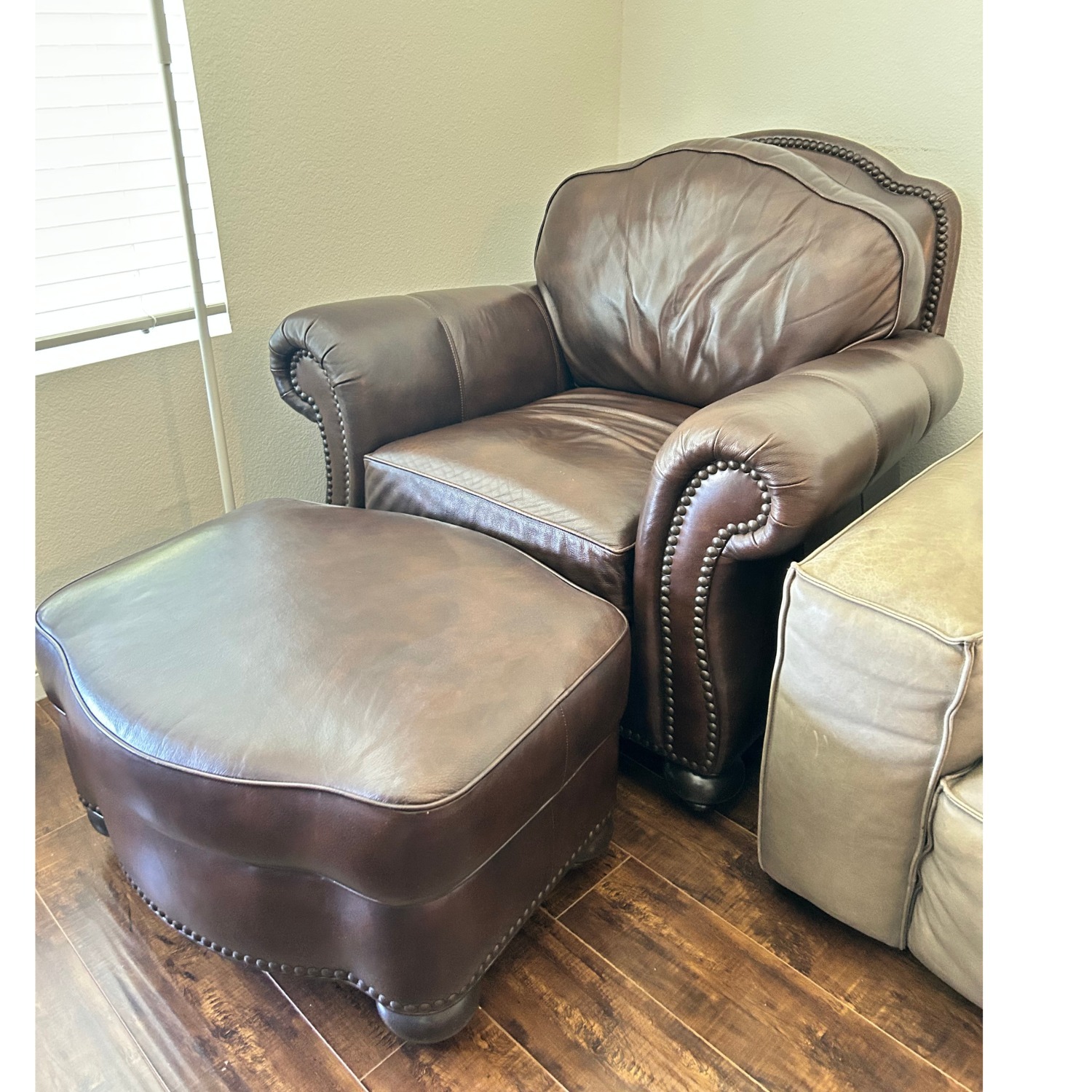 Ethan Allen Dark Brown Leather Armchair & Ottoman - image-3