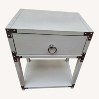 White Wood Side Table with Silver Metal Trim