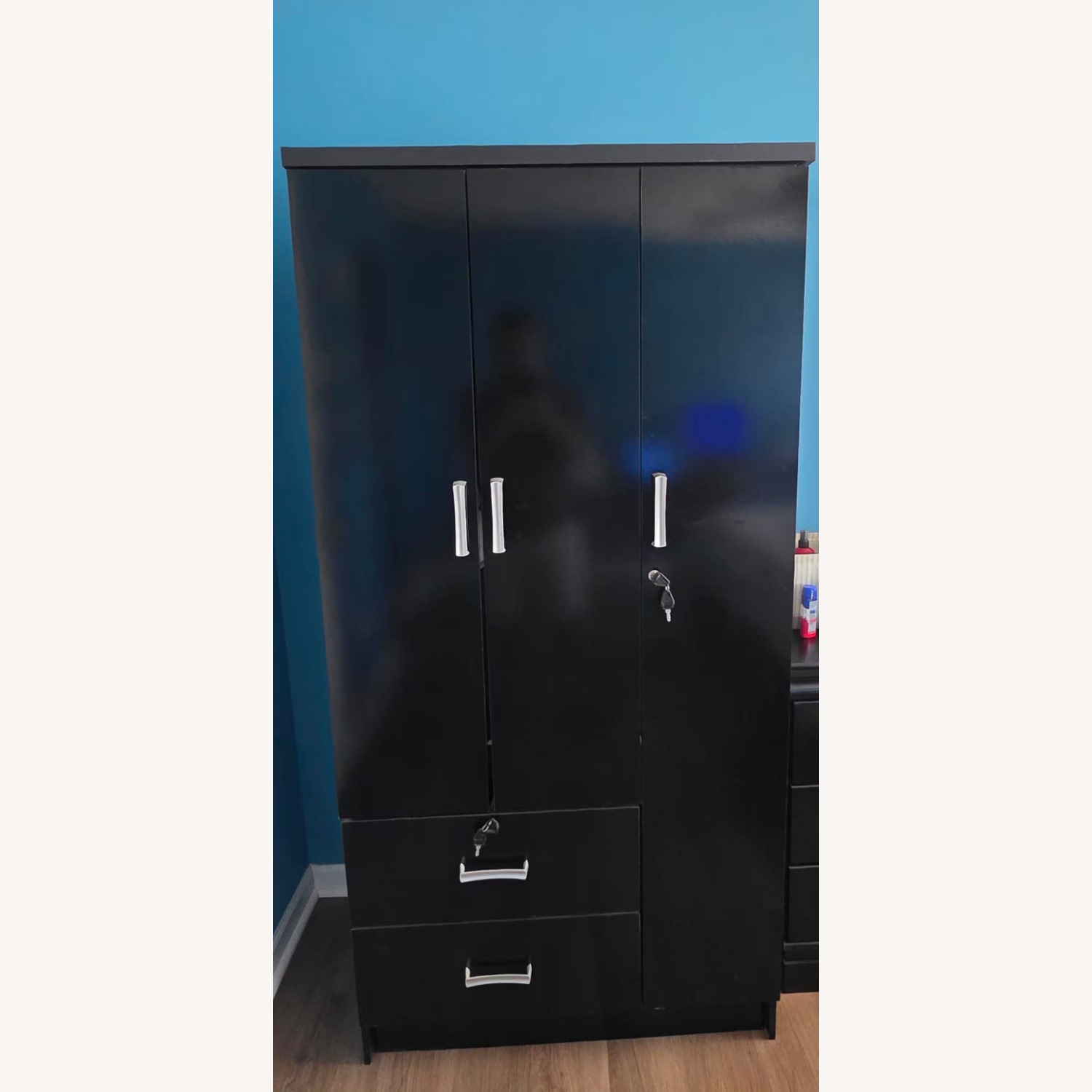 Black 3-Door Wardrobe (Cupboard) with Drawers - image-3