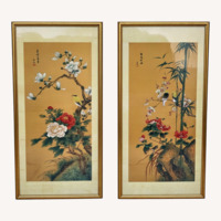 Japanese Flower Scrolls in Gold Frames