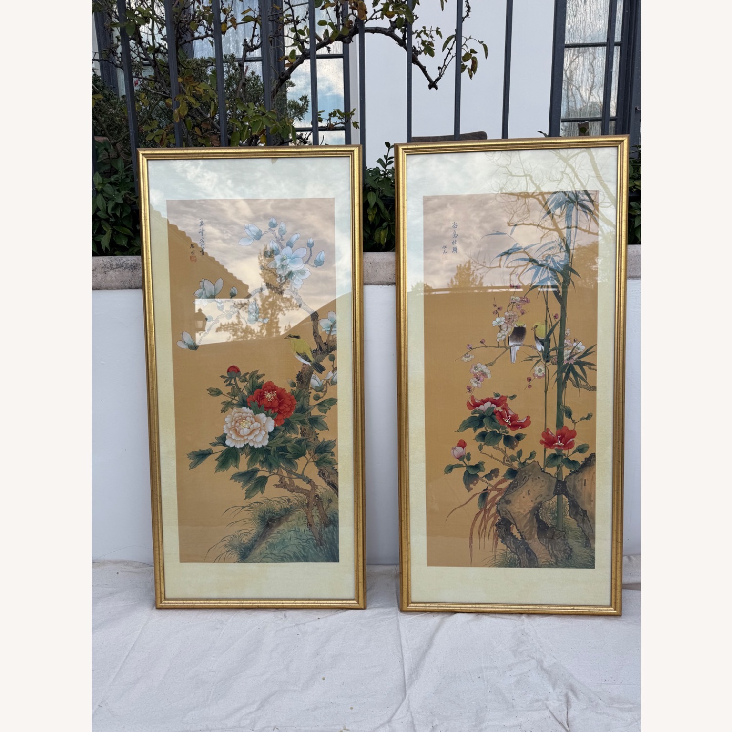 Japanese Flower Scrolls in Gold Frames - image-2