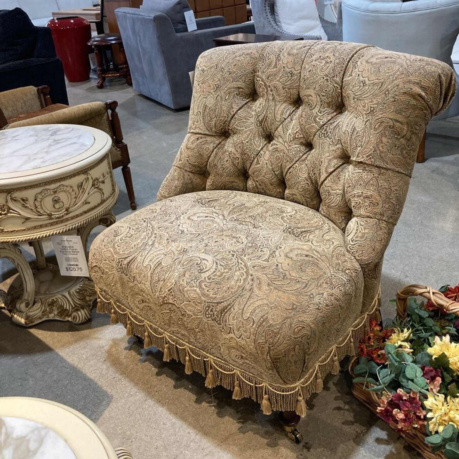 Boudoir Tufted Chair On Casters w Ottoman Chair - image-2