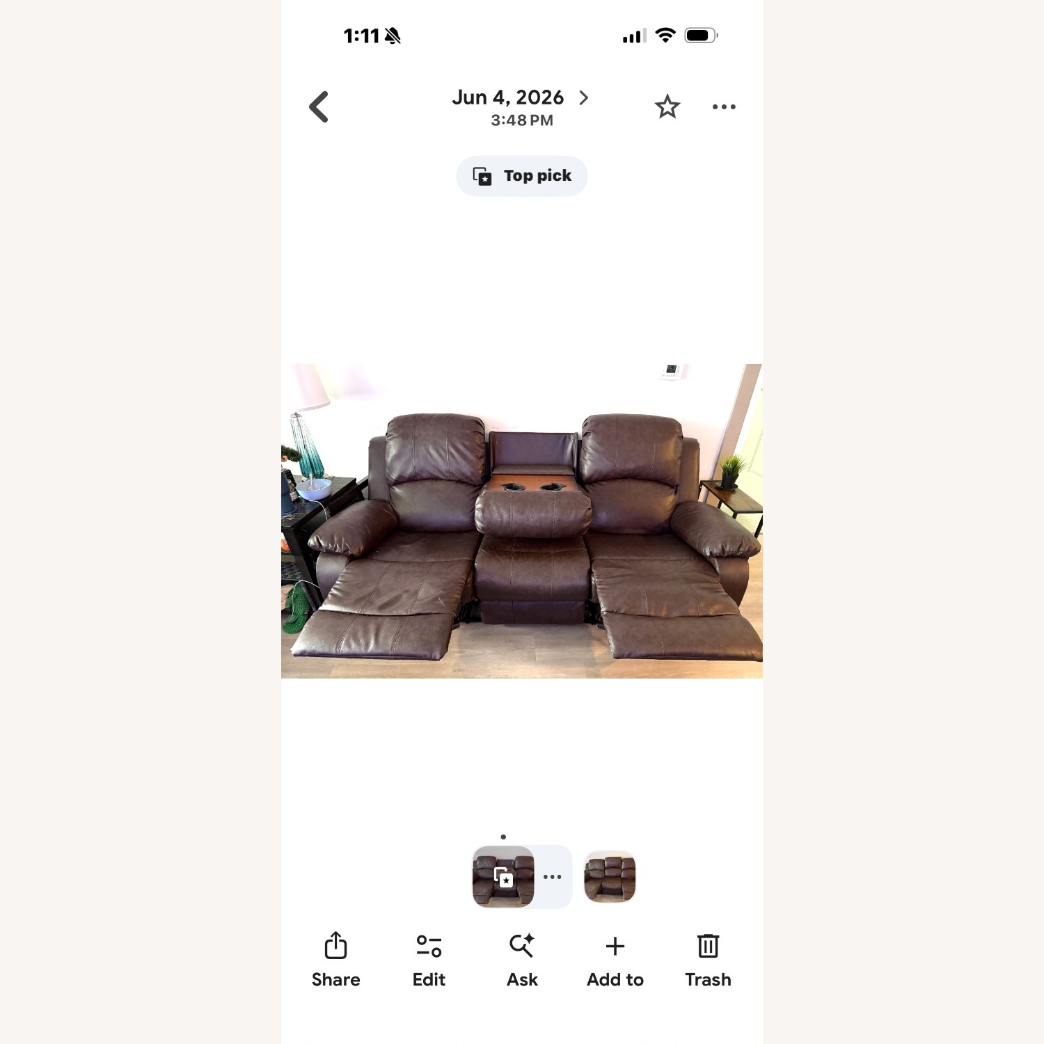 Dark Brown Faux Leather Recliner Sofa - image-2