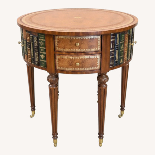 Used Book Themed Trom Leather Center Drum Side Table for sale on AptDeco